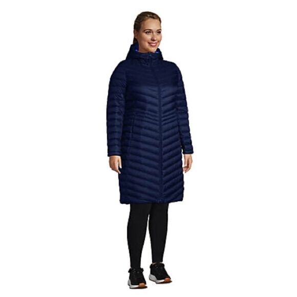 Land’s End Ultralight 800 down hood quilted zip long packable coat Navy Small - Picture 1 of 13